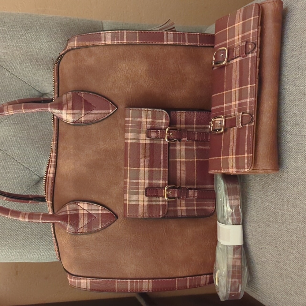 EUC Cato Satchel & wallet in brown w/ maroon, olive & tan plaid accents.